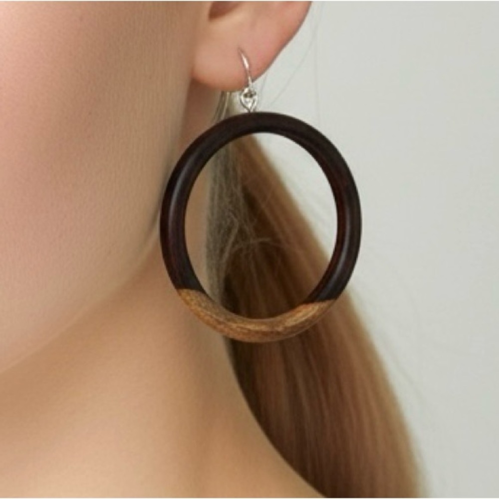 Vintage Boho Hand Carved Two-Tone Wooden Hoops w/ Sterling 925 Hooks
